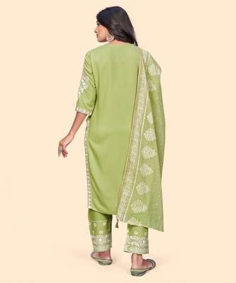 Embroidered Straight Cotton Pista Stitched Kurta Pant With Dupatta 3