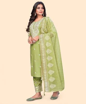 Embroidered Straight Cotton Pista Stitched Kurta Pant With Dupatta 4