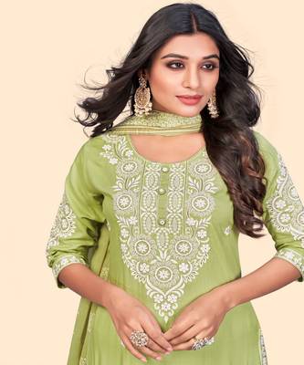 Embroidered Straight Cotton Pista Stitched Kurta Pant With Dupatta 5