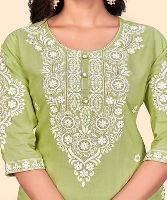 Embroidered Straight Cotton Pista Stitched Kurta Pant With Dupatta 6