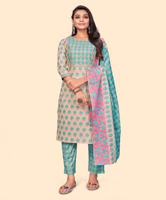 Embroidered Straight Cotton Peach Stitched Kurta Pant With Dupatta 1