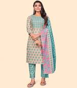 Embroidered Straight Cotton Peach Stitched Kurta Pant With Dupatta