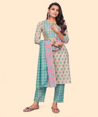 Embroidered Straight Cotton Peach Stitched Kurta Pant With Dupatta 2