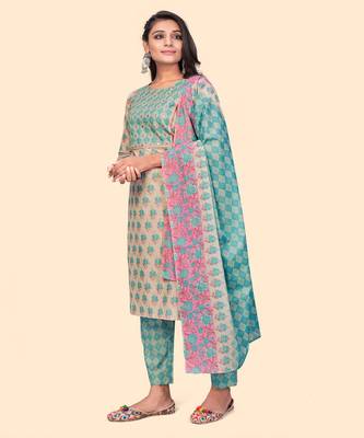 Embroidered Straight Cotton Peach Stitched Kurta Pant With Dupatta 4