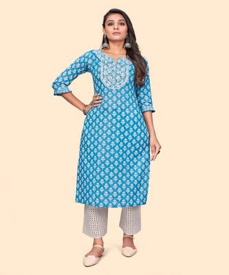 Embroidered Straight Cotton Blue Stitched Kurta 1