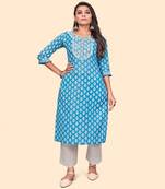 Embroidered Straight Cotton Blue Stitched Kurta