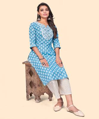Embroidered Straight Cotton Blue Stitched Kurta 2