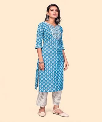 Embroidered Straight Cotton Blue Stitched Kurta 4