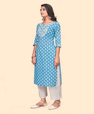 Embroidered Straight Cotton Blue Stitched Kurta 5
