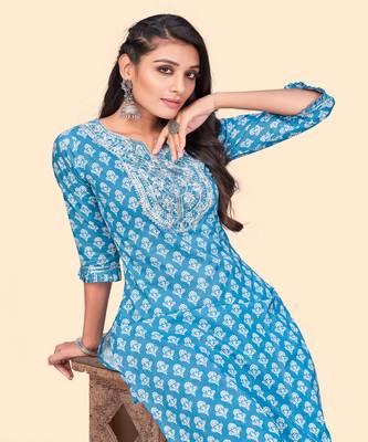 Embroidered Straight Cotton Blue Stitched Kurta 6