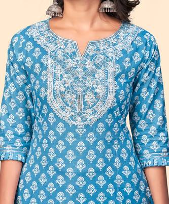 Embroidered Straight Cotton Blue Stitched Kurta 7