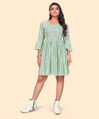Vbuyz Women'S Floral Print Flared Georgette See Green Stitched Dress 1