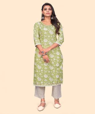 Vbuyz Women'S Floral Print Straight Cotton Green Stitched Kurta 1