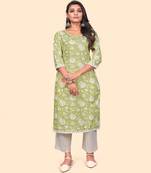 Vbuyz Women'S Floral Print Straight Cotton Green Stitched Kurta