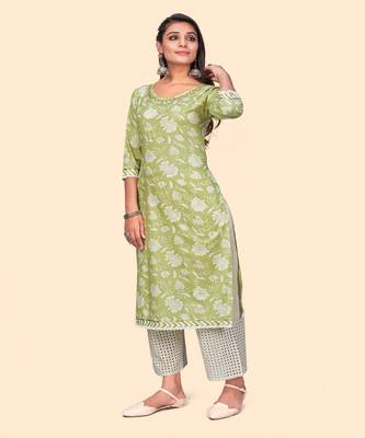Vbuyz Women'S Floral Print Straight Cotton Green Stitched Kurta 2
