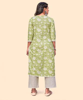 Vbuyz Women'S Floral Print Straight Cotton Green Stitched Kurta 3