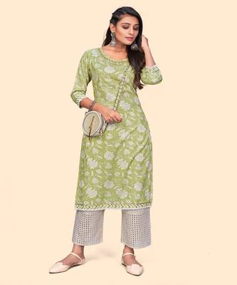 Vbuyz Women'S Floral Print Straight Cotton Green Stitched Kurta 4