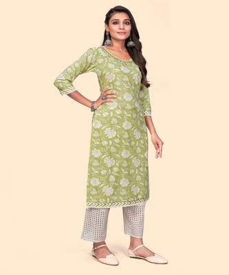 Vbuyz Women'S Floral Print Straight Cotton Green Stitched Kurta 5