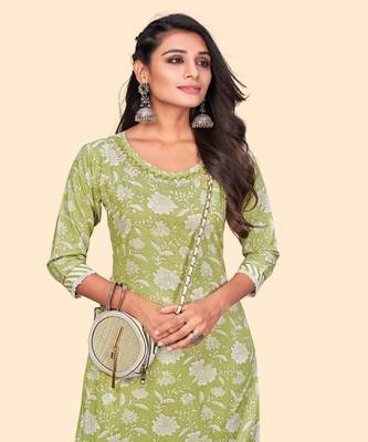 Vbuyz Women'S Floral Print Straight Cotton Green Stitched Kurta 6