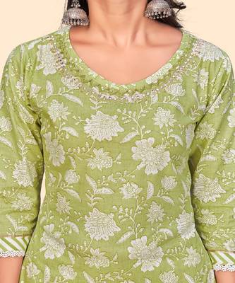 Vbuyz Women'S Floral Print Straight Cotton Green Stitched Kurta 7
