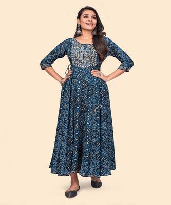 Vbuyz Women'S Printed & Embroidered Anarkali Rayon Blue Stitched Kurta 1