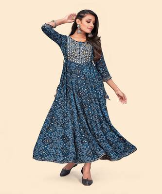 Vbuyz Women'S Printed & Embroidered Anarkali Rayon Blue Stitched Kurta 2