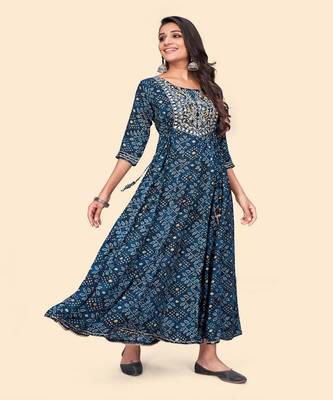 Vbuyz Women'S Printed & Embroidered Anarkali Rayon Blue Stitched Kurta 5