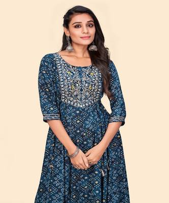 Vbuyz Women'S Printed & Embroidered Anarkali Rayon Blue Stitched Kurta 6
