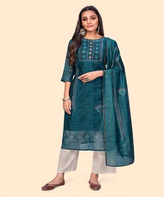 Embroidered Straight Chanderi Teal Blue Stitched Kurta With Dupatta 1