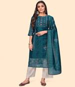 Embroidered Straight Chanderi Teal Blue Stitched Kurta With Dupatta