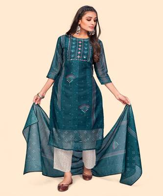 Embroidered Straight Chanderi Teal Blue Stitched Kurta With Dupatta 2