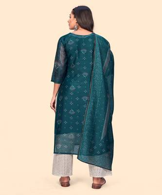 Embroidered Straight Chanderi Teal Blue Stitched Kurta With Dupatta 3