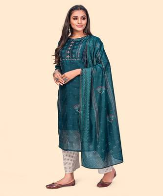 Embroidered Straight Chanderi Teal Blue Stitched Kurta With Dupatta 4