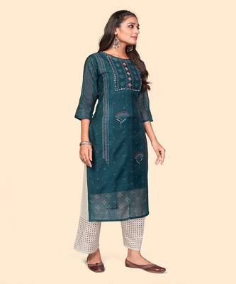 Embroidered Straight Chanderi Teal Blue Stitched Kurta With Dupatta 5