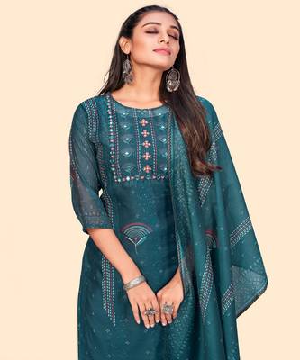 Embroidered Straight Chanderi Teal Blue Stitched Kurta With Dupatta 6