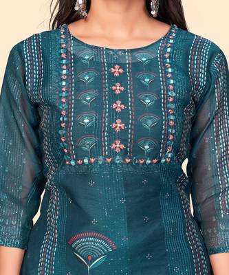 Embroidered Straight Chanderi Teal Blue Stitched Kurta With Dupatta 7