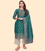 Embroidered Straight Chanderi Teal Green Stitched Kurta With Dupatta