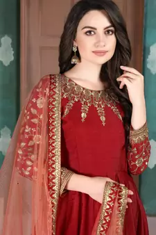 Red Golden Embroidered Anarkali Suit