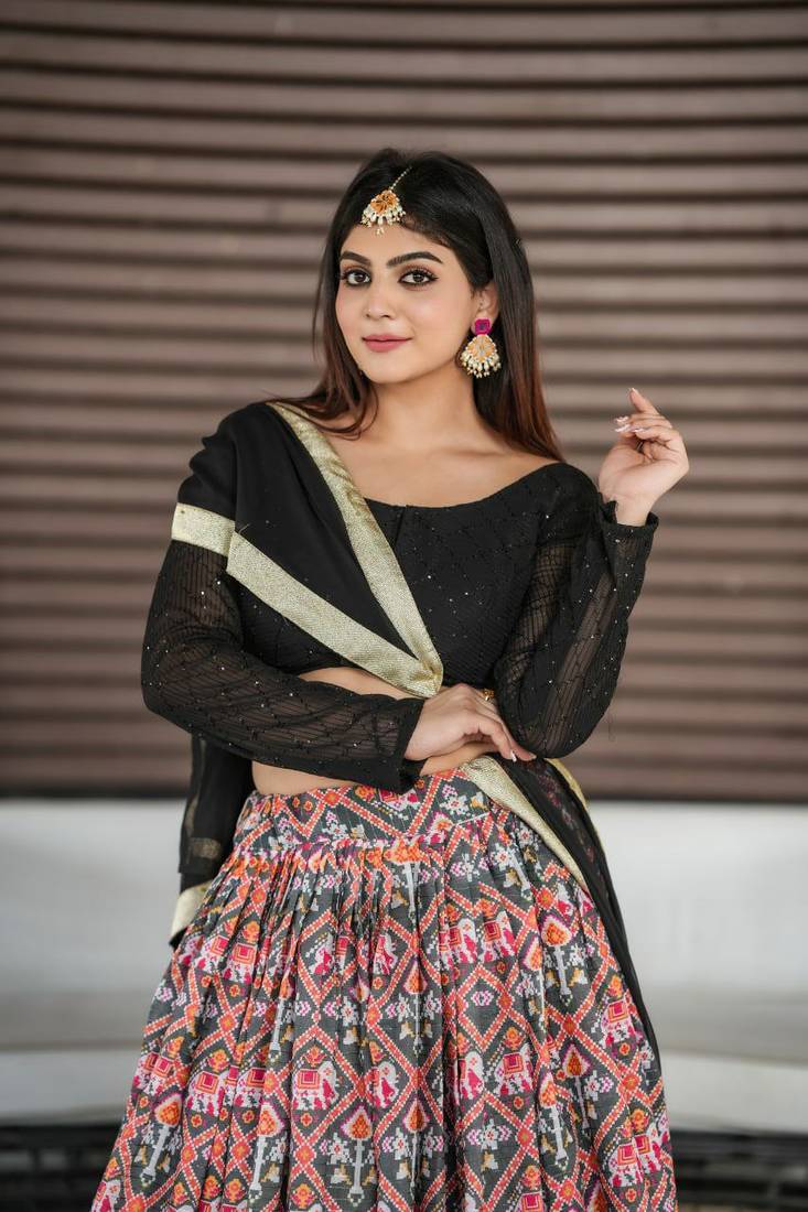 Voolka Patola Style  Maslin Silk Fabric With Digital Printed Designer Lehenga Choli For Women