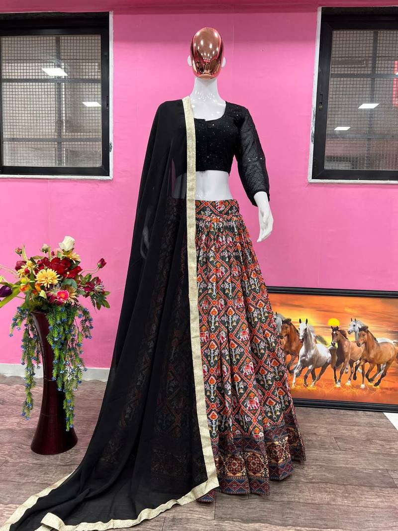 Voolka Patola Style  Maslin Silk Fabric With Digital Printed Designer Lehenga Choli For Women