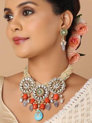 Yellow Beaded Kundan Polki Necklace Set 1