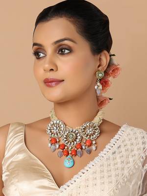 Yellow Beaded Kundan Polki Necklace Set 2