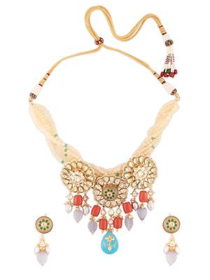 Yellow Beaded Kundan Polki Necklace Set 3