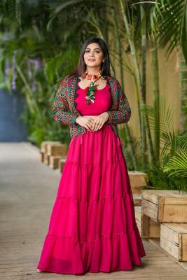 Voolka Ruby Pink Georgette Fabric With Ruffle And Ken Designer Lehenga Choli For Women 1