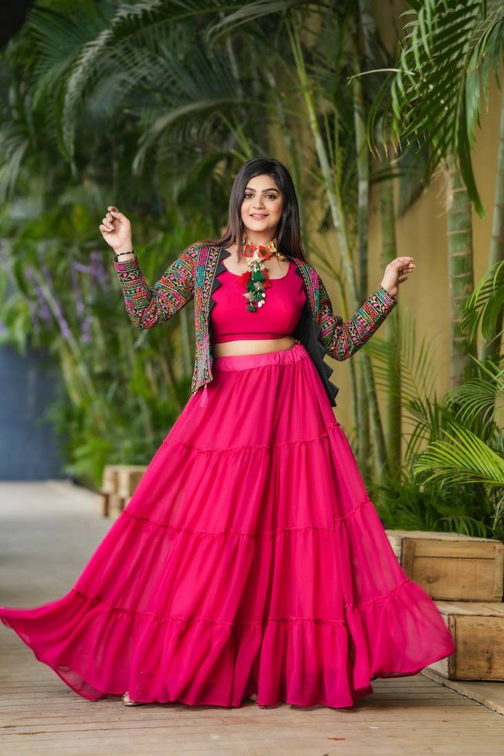 Voolka Ruby Pink Georgette Fabric With Ruffle And Ken Designer Lehenga Choli For Women