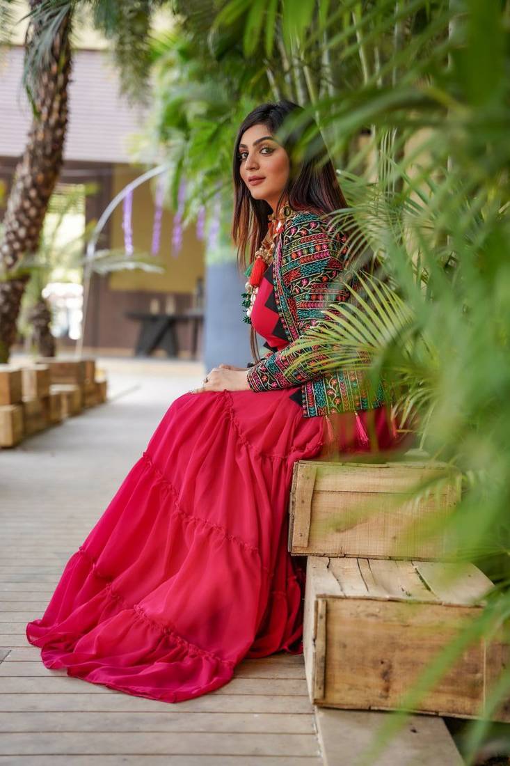 Voolka Ruby Pink Georgette Fabric With Ruffle And Ken Designer Lehenga Choli For Women