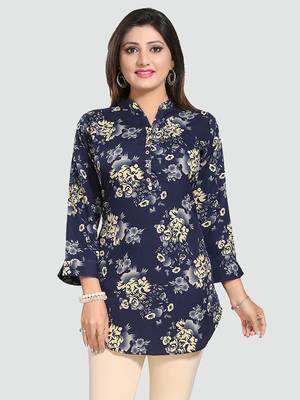 Dark-blue printed crepe short-kurtis 1