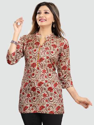 Beige printed art silk short-kurtis 1