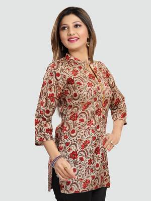 Beige printed art silk short-kurtis 2