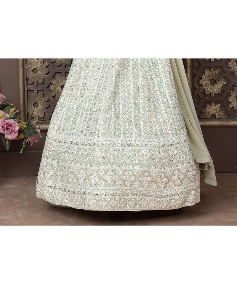 Light Pista Pure Lucknow Chikan Work Georgette Lehenga with Tessel
